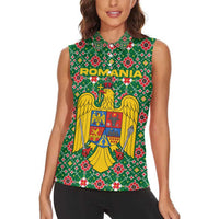 Romania Christmas Women Sleeveless Polo Shirt with Green and Red Pattern Golden Eagle and Santa Motif - Wonder Print Shop