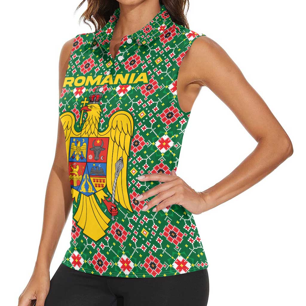 Romania Christmas Women Sleeveless Polo Shirt with Green and Red Pattern Golden Eagle and Santa Motif - Wonder Print Shop