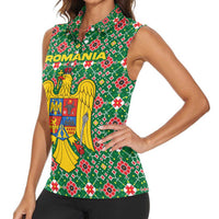 Romania Christmas Women Sleeveless Polo Shirt with Green and Red Pattern Golden Eagle and Santa Motif - Wonder Print Shop