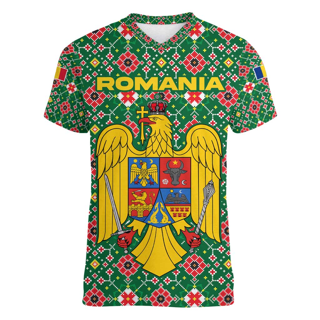 Romania Christmas Women V-Neck T-Shirt with Green and Red Pattern Golden Eagle and Santa Motif - Wonder Print Shop