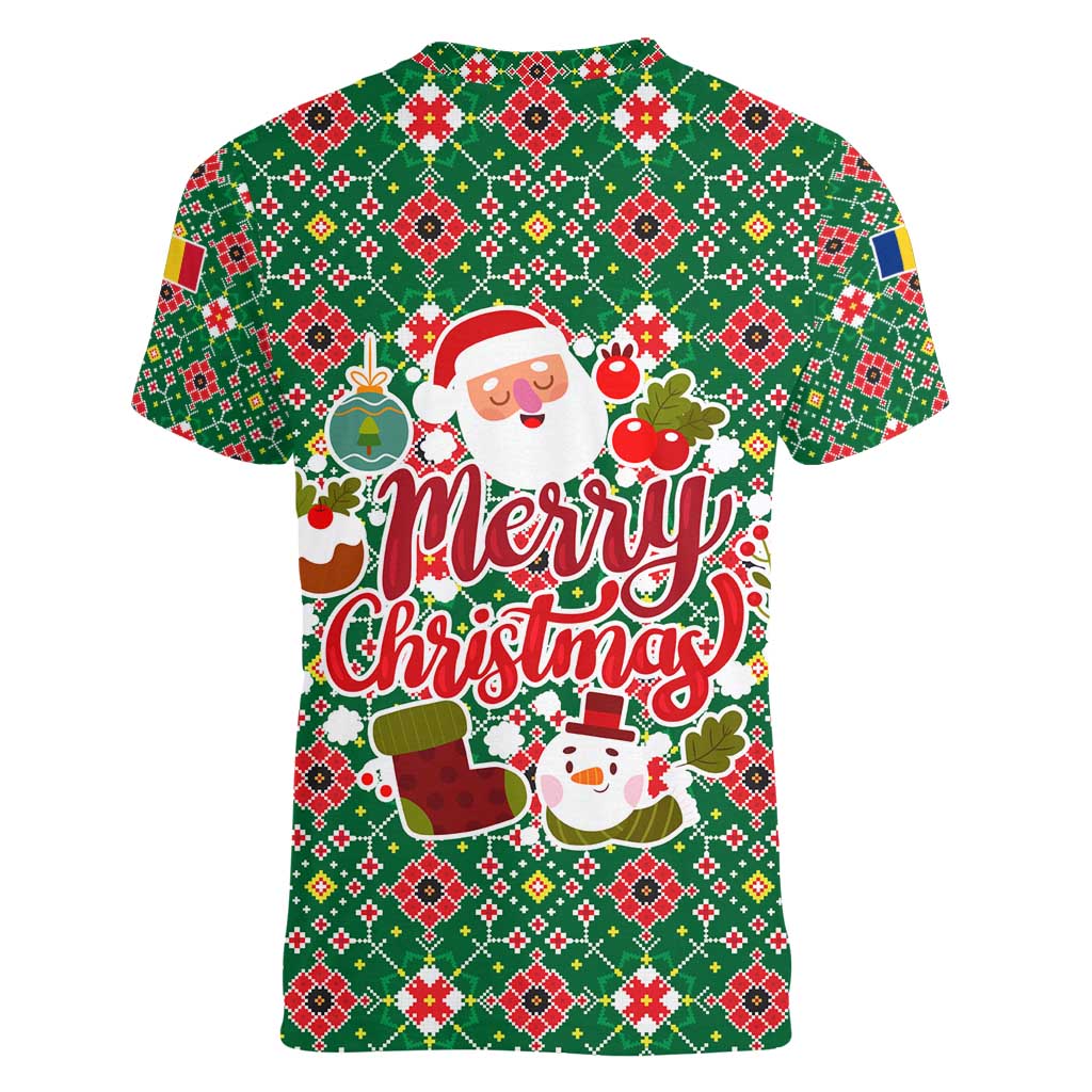 Romania Christmas Women V-Neck T-Shirt with Green and Red Pattern Golden Eagle and Santa Motif - Wonder Print Shop