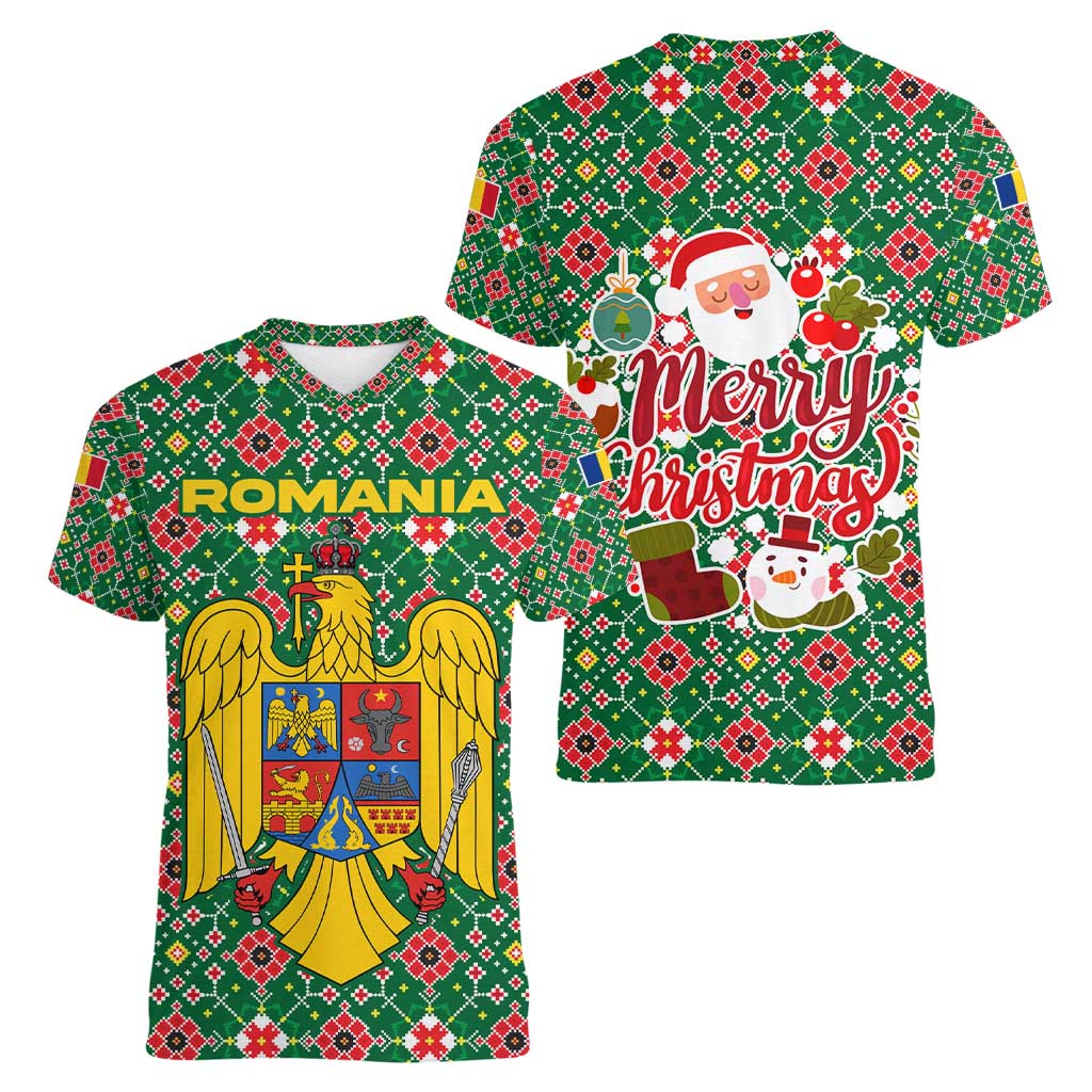 Romania Christmas Women V-Neck T-Shirt with Green and Red Pattern Golden Eagle and Santa Motif - Wonder Print Shop