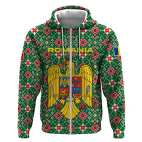 Romania Christmas Zip Hoodie with Green and Red Pattern Golden Eagle and Santa Motif - Wonder Print Shop
