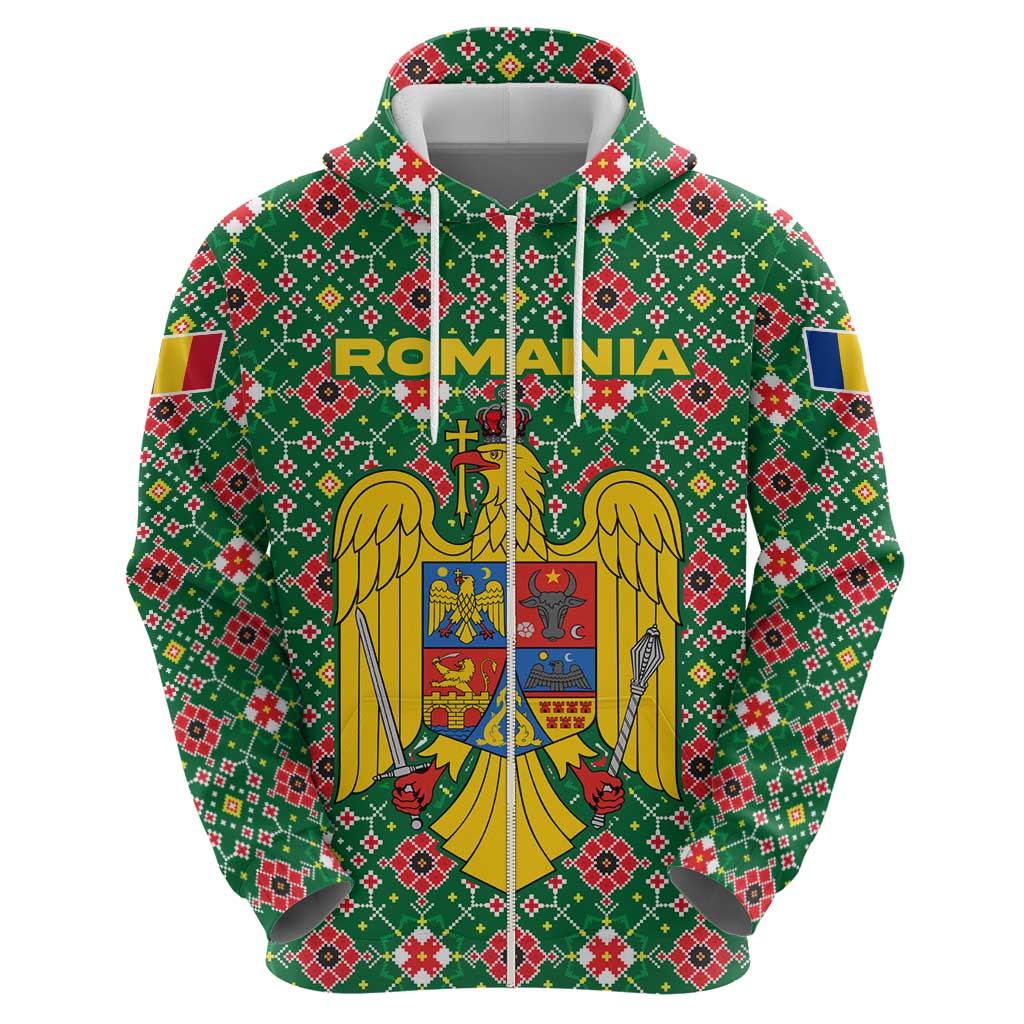 Romania Christmas Zip Hoodie with Green and Red Pattern Golden Eagle and Santa Motif - Wonder Print Shop