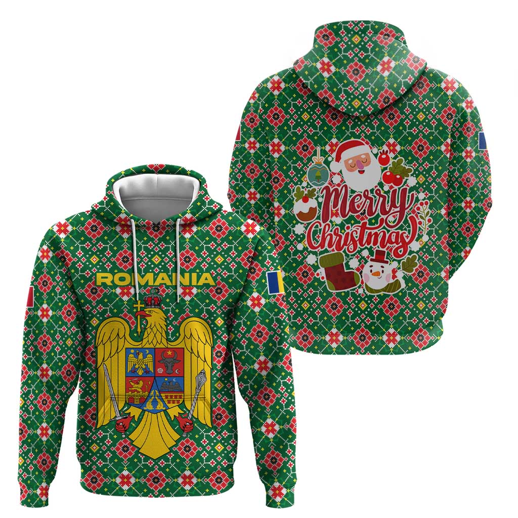 Romania Christmas Zip Hoodie with Green and Red Pattern Golden Eagle and Santa Motif - Wonder Print Shop