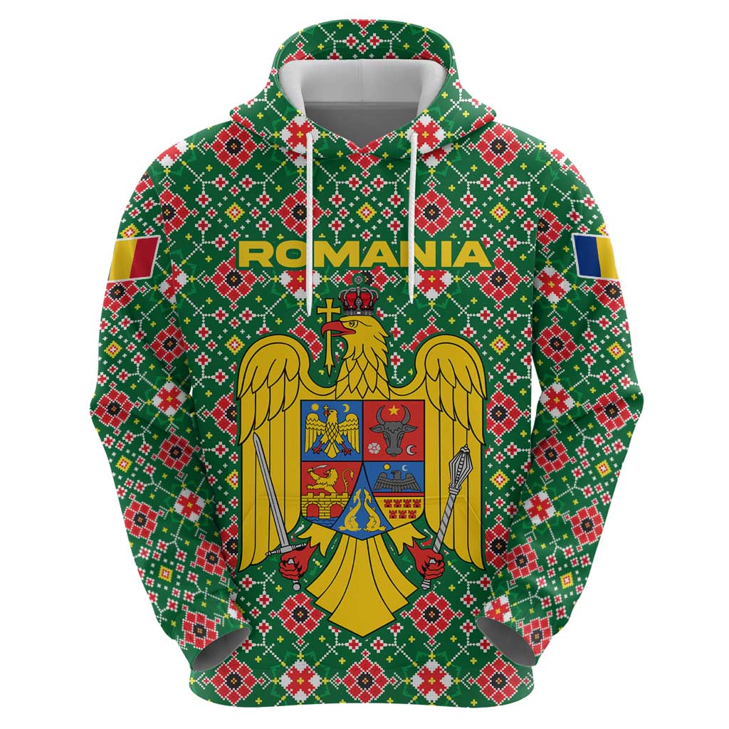 Romania Christmas Zip Hoodie with Green and Red Pattern Golden Eagle and Santa Motif - Wonder Print Shop