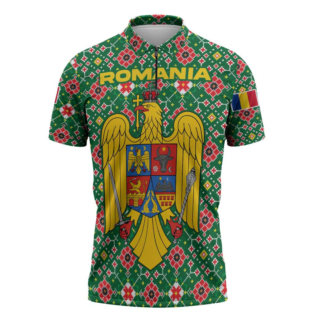Romania Christmas Zipper Polo Shirt with Green and Red Pattern Golden Eagle and Santa Motif - Wonder Print Shop