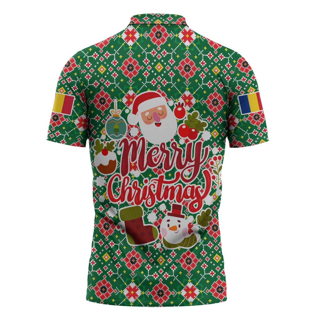 Romania Christmas Zipper Polo Shirt with Green and Red Pattern Golden Eagle and Santa Motif - Wonder Print Shop