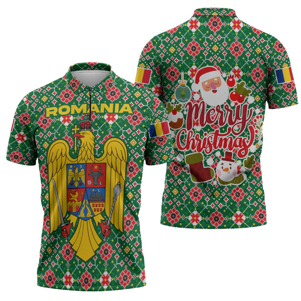 Romania Christmas Zipper Polo Shirt with Green and Red Pattern Golden Eagle and Santa Motif - Wonder Print Shop