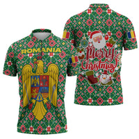 Romania Christmas Zipper Polo Shirt with Green and Red Pattern Golden Eagle and Santa Motif - Wonder Print Shop