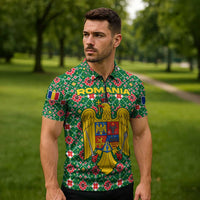Romania Christmas Zipper Polo Shirt with Green and Red Pattern Golden Eagle and Santa Motif - Wonder Print Shop