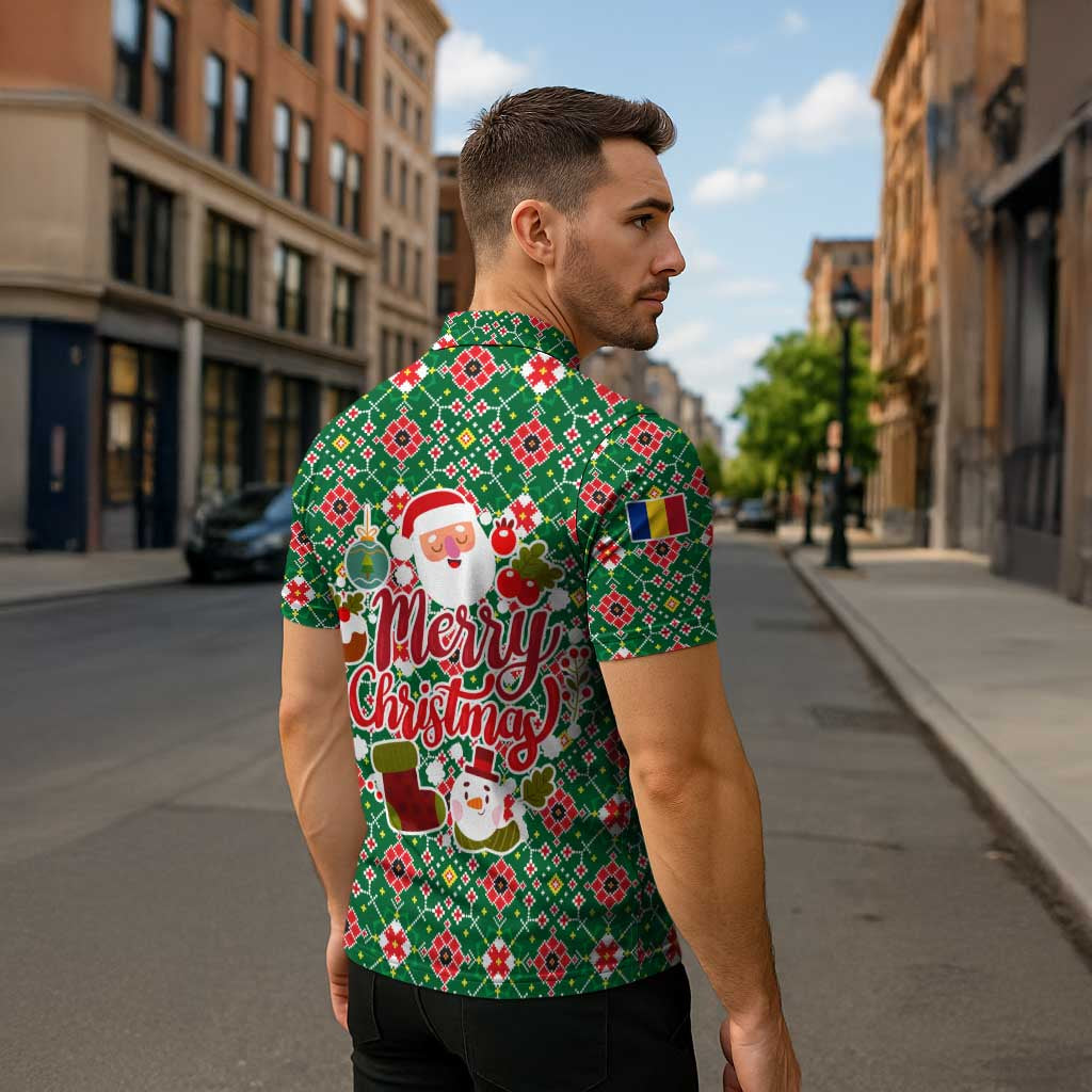 Romania Christmas Zipper Polo Shirt with Green and Red Pattern Golden Eagle and Santa Motif - Wonder Print Shop