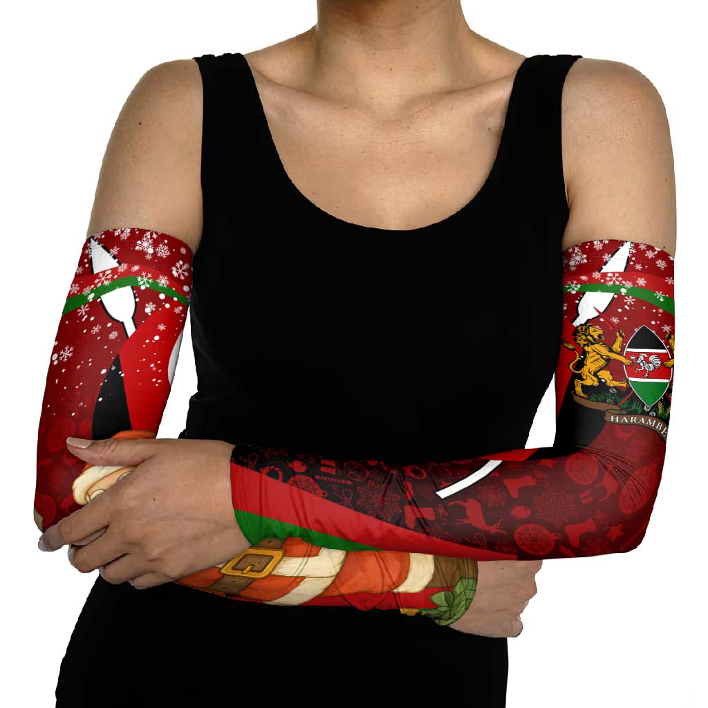 Kenya Christmas Arm Sleeves with Santa Claus Spear and Red Green Harambee Crest - Wonder Print Shop