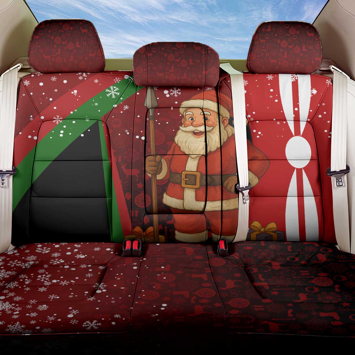 Kenya Christmas Back Car Seat Cover with Santa Claus Spear and Red Green Harambee Crest - Wonder Print Shop