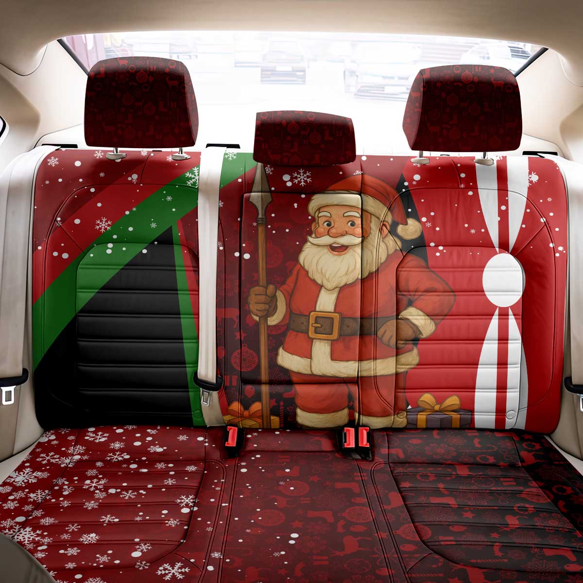 Kenya Christmas Back Car Seat Cover with Santa Claus Spear and Red Green Harambee Crest - Wonder Print Shop