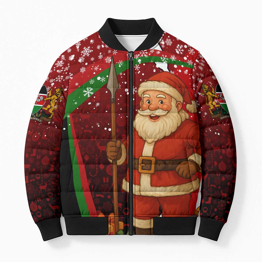 Kenya Christmas Bomber Puffer Jacket with Santa Claus Spear and Red Green Harambee Crest - Wonder Print Shop