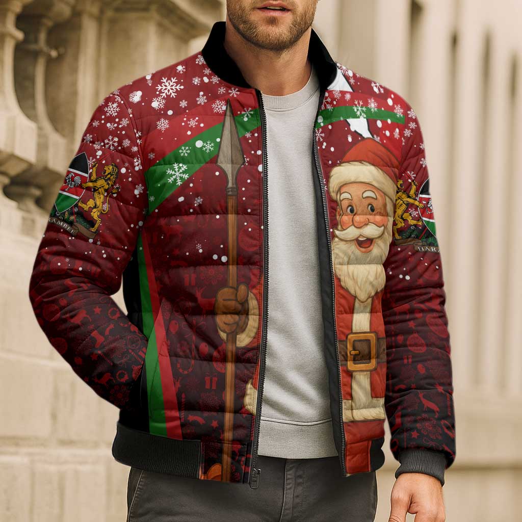 Kenya Christmas Bomber Puffer Jacket with Santa Claus Spear and Red Green Harambee Crest - Wonder Print Shop