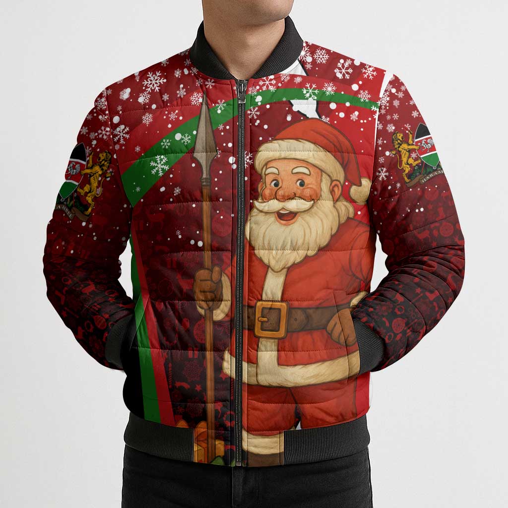 Kenya Christmas Bomber Puffer Jacket with Santa Claus Spear and Red Green Harambee Crest - Wonder Print Shop