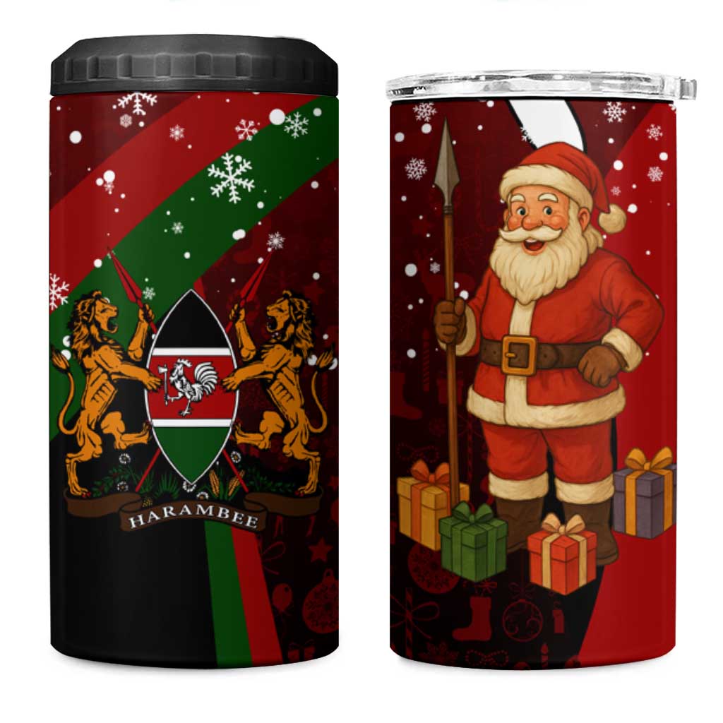 Kenya Christmas 4 in 1 Can Cooler Tumbler with Santa Claus Spear and Red Green Harambee Crest - Wonder Print Shop