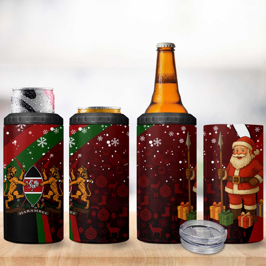 Kenya Christmas 4 in 1 Can Cooler Tumbler with Santa Claus Spear and Red Green Harambee Crest - Wonder Print Shop
