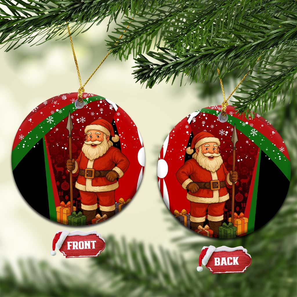 Kenya Christmas Ceramic Ornament with Santa Claus Spear and Red Green Harambee Crest - Wonder Print Shop