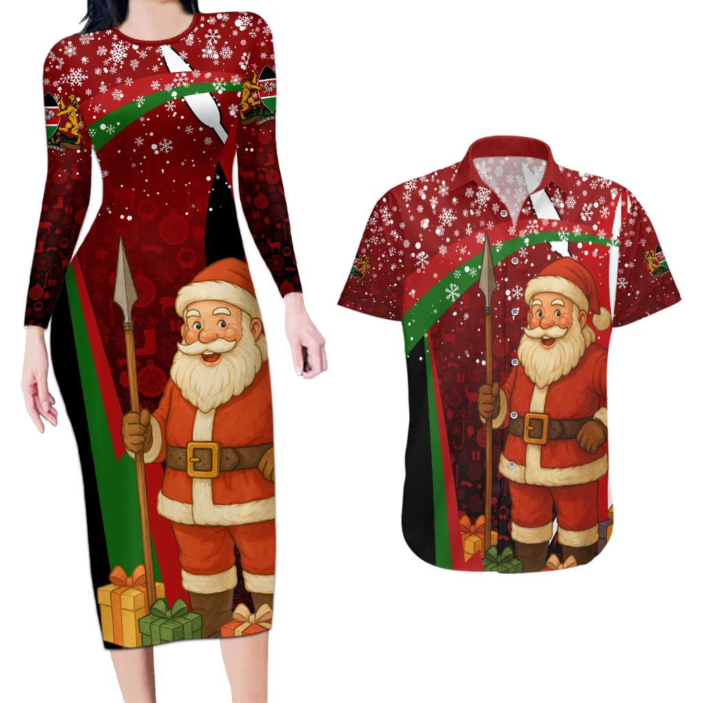 Kenya Christmas Couples Matching Long Sleeve Bodycon Dress and Hawaiian Shirt with Santa Claus Spear and Red Green Harambee Crest - Wonder Print Shop