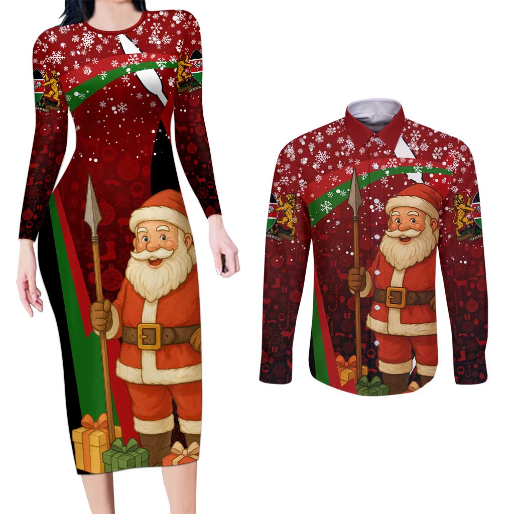 Kenya Christmas Couples Matching Long Sleeve Bodycon Dress and Long Sleeve Button Shirt with Santa Claus Spear and Red Green Harambee Crest - Wonder Print Shop