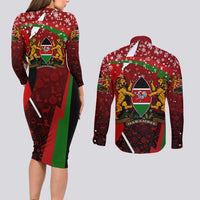 Kenya Christmas Couples Matching Long Sleeve Bodycon Dress and Long Sleeve Button Shirt with Santa Claus Spear and Red Green Harambee Crest - Wonder Print Shop
