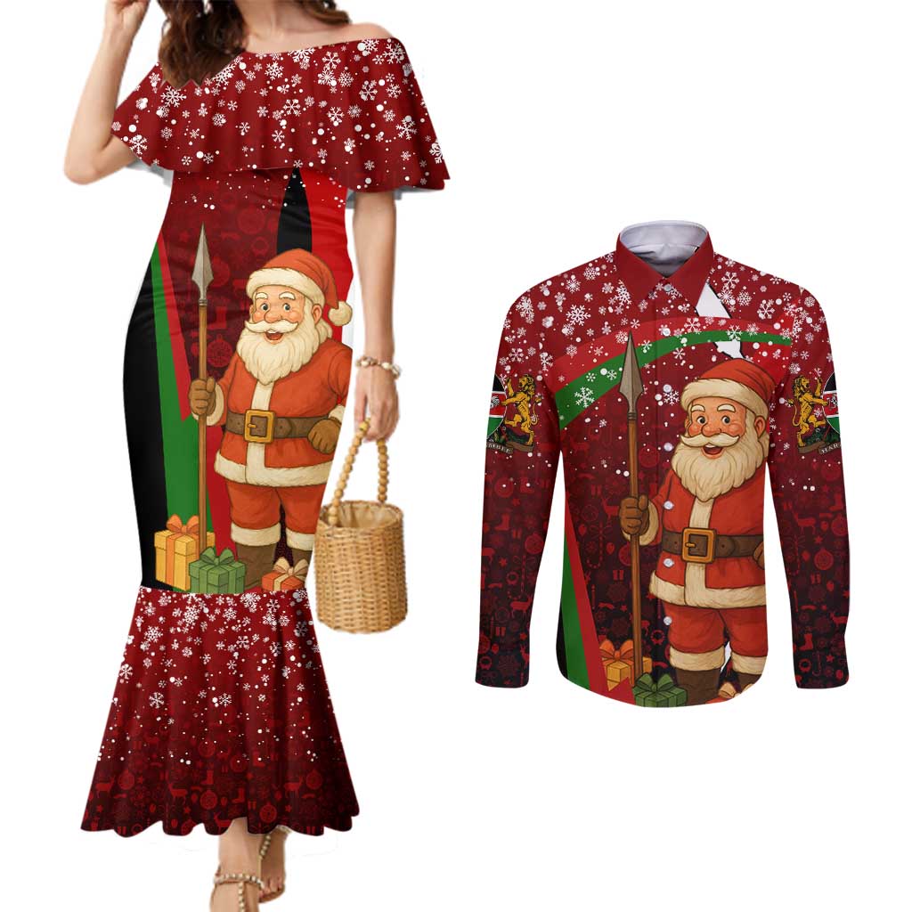 Kenya Christmas Couples Matching Mermaid Dress and Long Sleeve Button Shirt with Santa Claus Spear and Red Green Harambee Crest - Wonder Print Shop