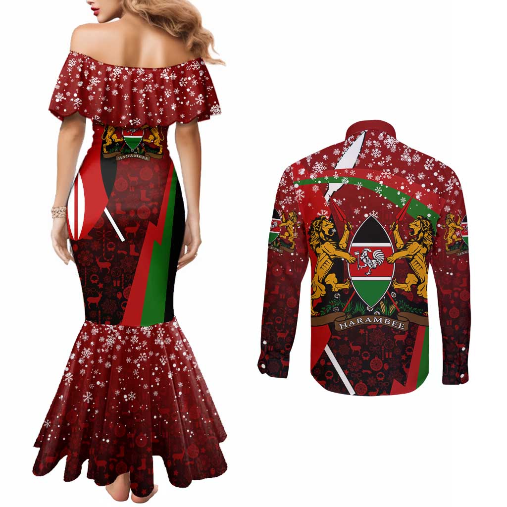 Kenya Christmas Couples Matching Mermaid Dress and Long Sleeve Button Shirt with Santa Claus Spear and Red Green Harambee Crest - Wonder Print Shop