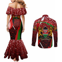 Kenya Christmas Couples Matching Mermaid Dress and Long Sleeve Button Shirt with Santa Claus Spear and Red Green Harambee Crest - Wonder Print Shop