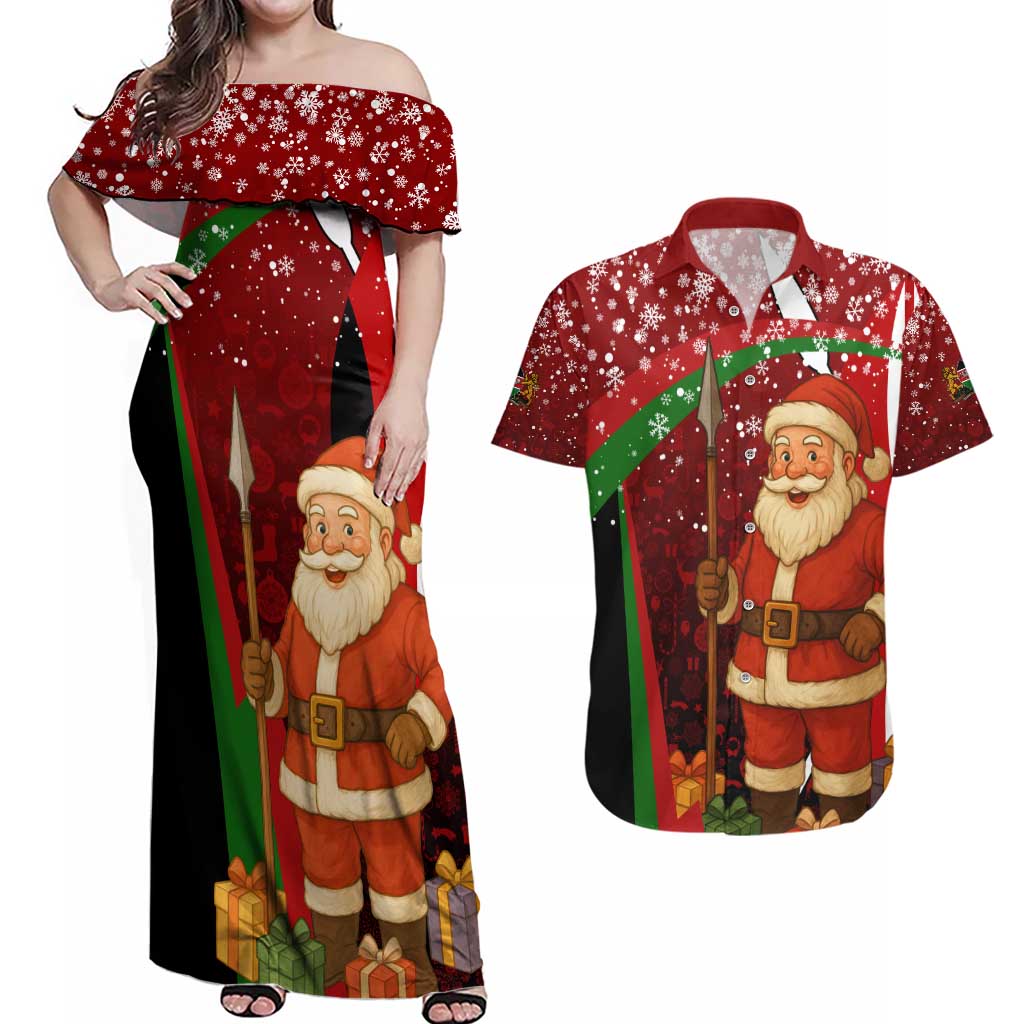Kenya Christmas Couples Matching Off Shoulder Maxi Dress and Hawaiian Shirt with Santa Claus Spear and Red Green Harambee Crest - Wonder Print Shop