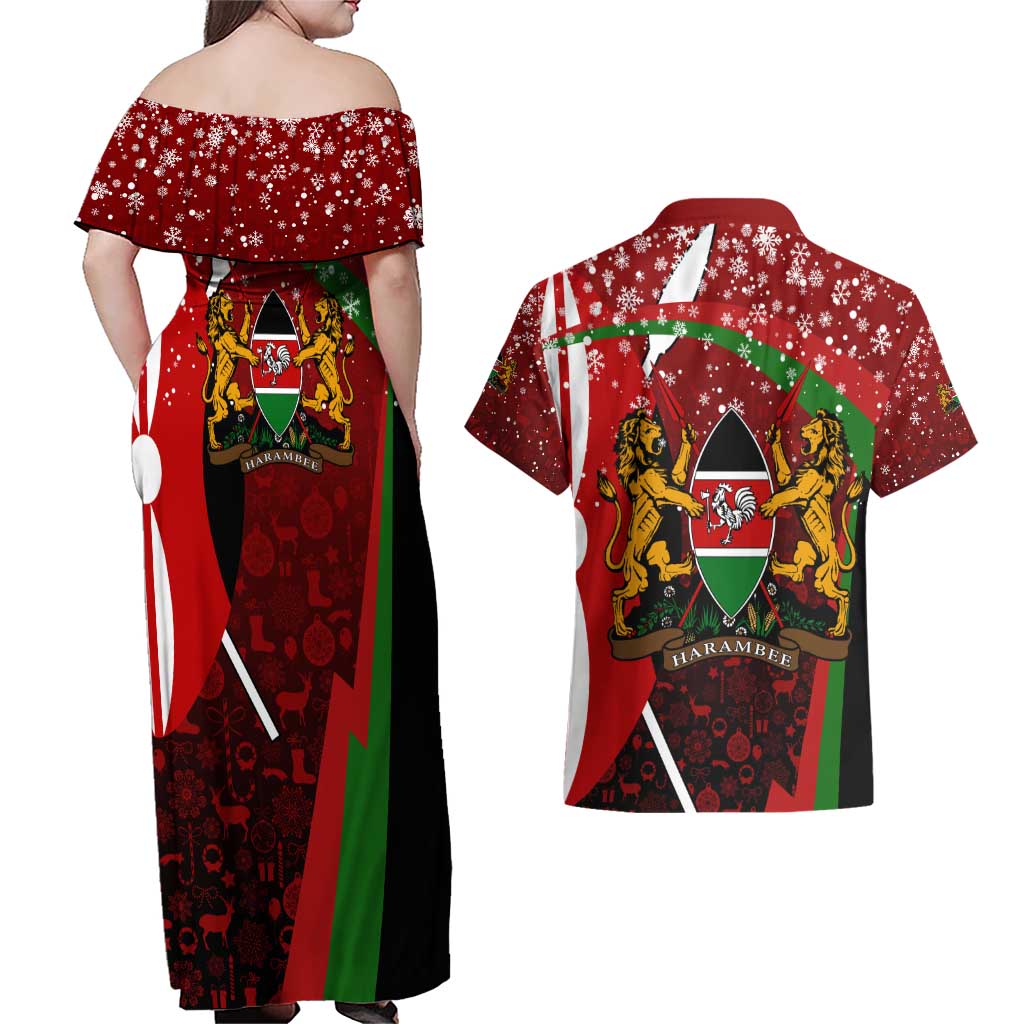 Kenya Christmas Couples Matching Off Shoulder Maxi Dress and Hawaiian Shirt with Santa Claus Spear and Red Green Harambee Crest - Wonder Print Shop