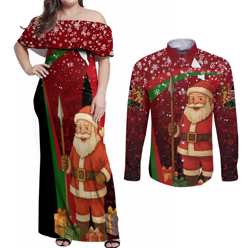 Kenya Christmas Couples Matching Off Shoulder Maxi Dress and Long Sleeve Button Shirt with Santa Claus Spear and Red Green Harambee Crest - Wonder Print Shop