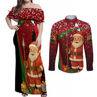 Kenya Christmas Couples Matching Off Shoulder Maxi Dress and Long Sleeve Button Shirt with Santa Claus Spear and Red Green Harambee Crest - Wonder Print Shop