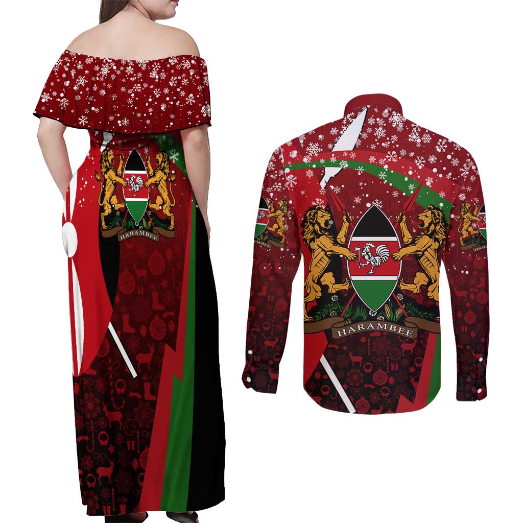 Kenya Christmas Couples Matching Off Shoulder Maxi Dress and Long Sleeve Button Shirt with Santa Claus Spear and Red Green Harambee Crest - Wonder Print Shop