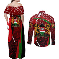 Kenya Christmas Couples Matching Off Shoulder Maxi Dress and Long Sleeve Button Shirt with Santa Claus Spear and Red Green Harambee Crest - Wonder Print Shop