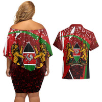 Kenya Christmas Couples Matching Off Shoulder Short Dress and Hawaiian Shirt with Santa Claus Spear and Red Green Harambee Crest - Wonder Print Shop