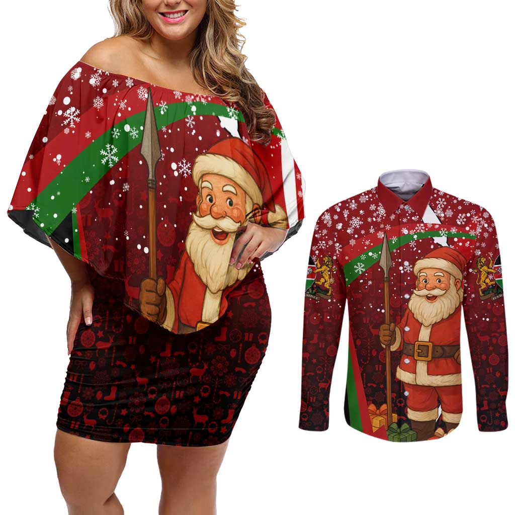 Kenya Christmas Couples Matching Off Shoulder Short Dress and Long Sleeve Button Shirt with Santa Claus Spear and Red Green Harambee Crest - Wonder Print Shop