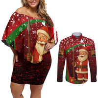 Kenya Christmas Couples Matching Off Shoulder Short Dress and Long Sleeve Button Shirt with Santa Claus Spear and Red Green Harambee Crest - Wonder Print Shop