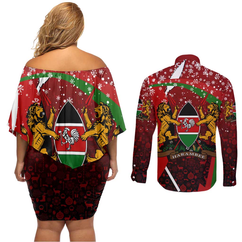Kenya Christmas Couples Matching Off Shoulder Short Dress and Long Sleeve Button Shirt with Santa Claus Spear and Red Green Harambee Crest - Wonder Print Shop