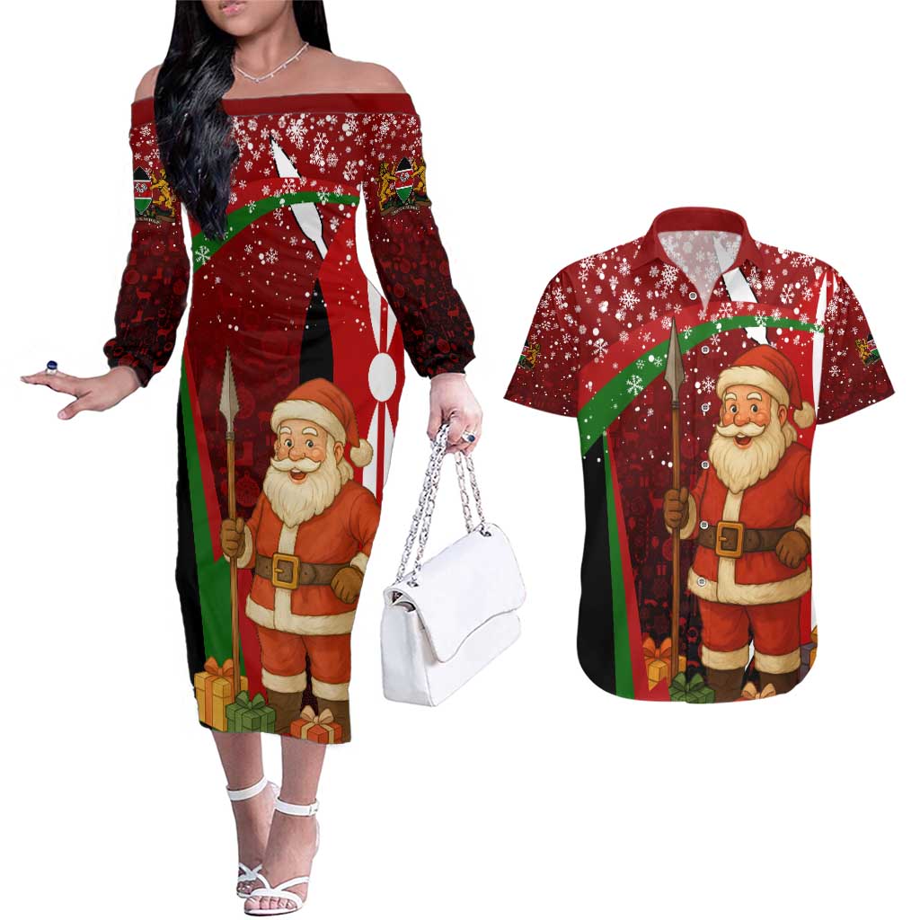 Kenya Christmas Couples Matching Off The Shoulder Long Sleeve Dress and Hawaiian Shirt with Santa Claus Spear and Red Green Harambee Crest - Wonder Print Shop
