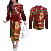 Kenya Christmas Couples Matching Off The Shoulder Long Sleeve Dress and Long Sleeve Button Shirt with Santa Claus Spear and Red Green Harambee Crest - Wonder Print Shop