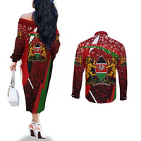Kenya Christmas Couples Matching Off The Shoulder Long Sleeve Dress and Long Sleeve Button Shirt with Santa Claus Spear and Red Green Harambee Crest - Wonder Print Shop
