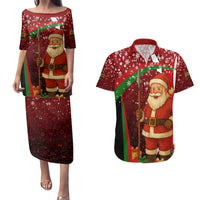 Kenya Christmas Couples Matching Puletasi and Hawaiian Shirt with Santa Claus Spear and Red Green Harambee Crest - Wonder Print Shop