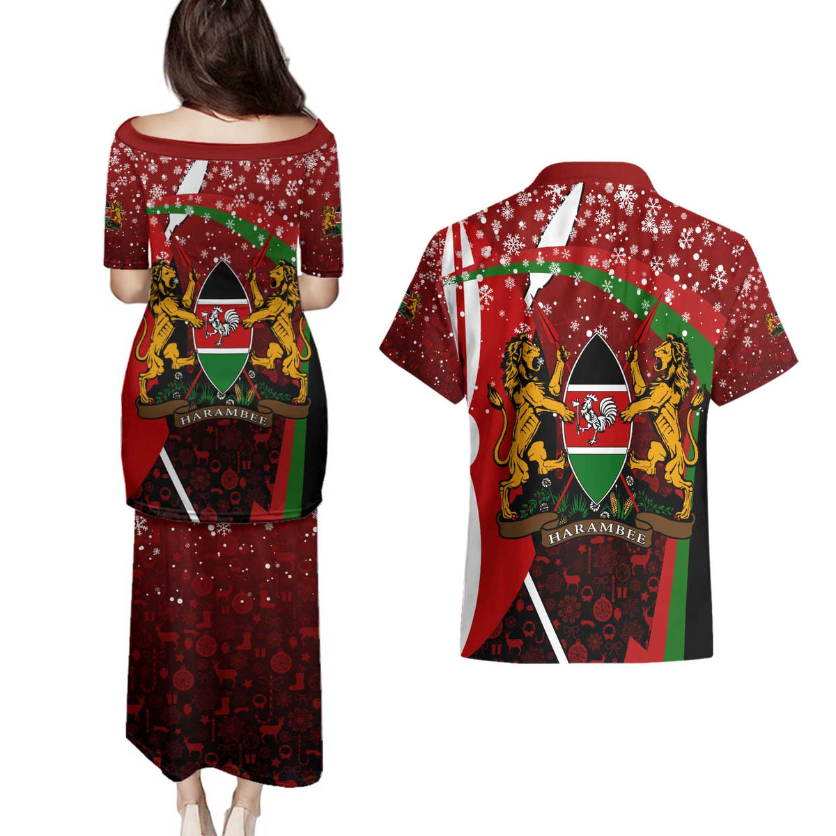 Kenya Christmas Couples Matching Puletasi and Hawaiian Shirt with Santa Claus Spear and Red Green Harambee Crest - Wonder Print Shop