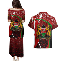 Kenya Christmas Couples Matching Puletasi and Hawaiian Shirt with Santa Claus Spear and Red Green Harambee Crest - Wonder Print Shop