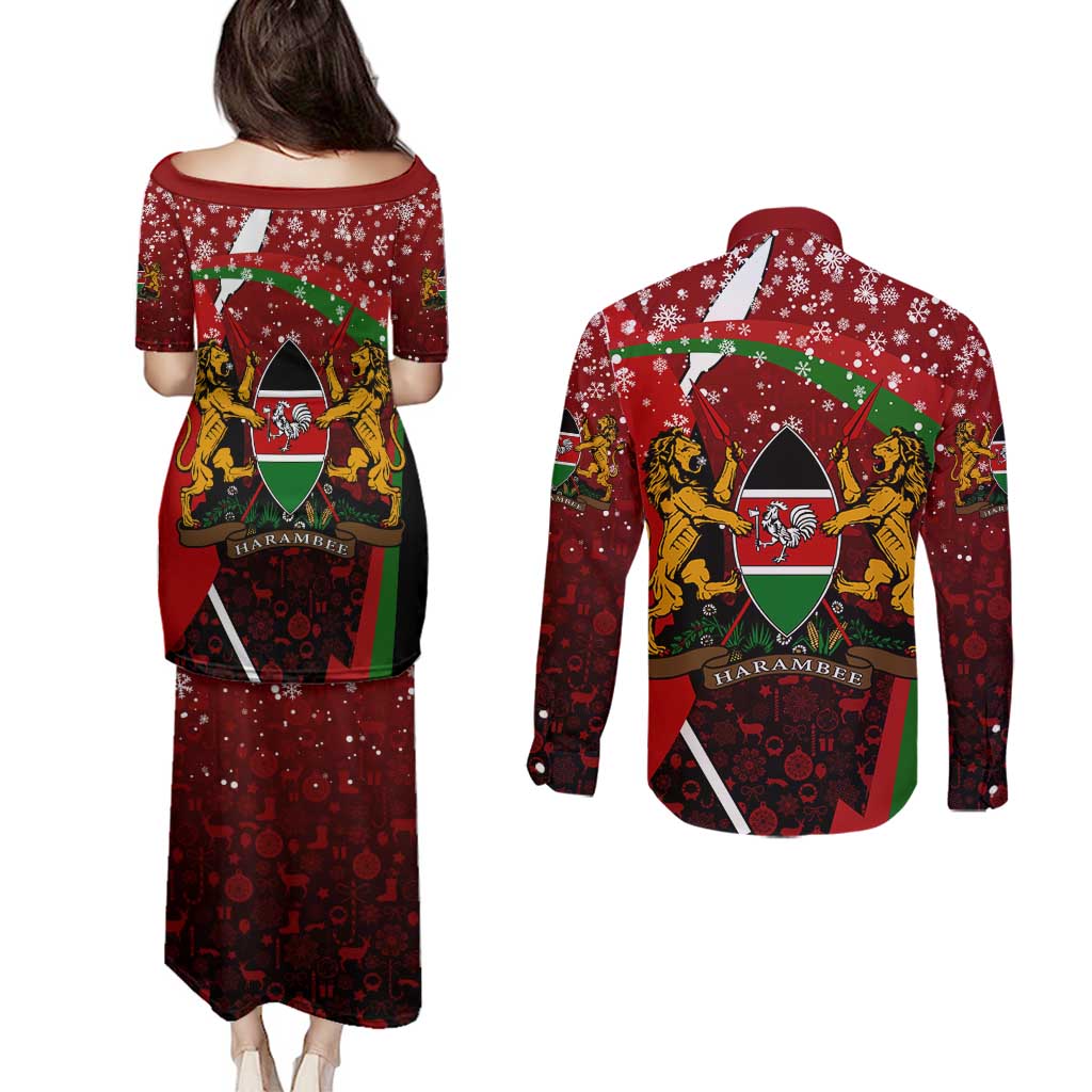 Kenya Christmas Couples Matching Puletasi and Long Sleeve Button Shirt with Santa Claus Spear and Red Green Harambee Crest - Wonder Print Shop