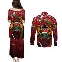 Kenya Christmas Couples Matching Puletasi and Long Sleeve Button Shirt with Santa Claus Spear and Red Green Harambee Crest - Wonder Print Shop