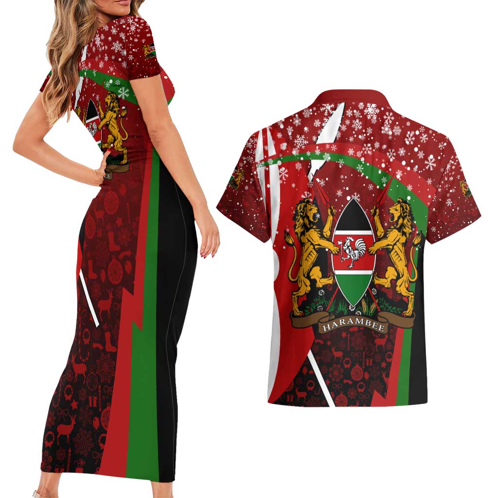 Kenya Christmas Couples Matching Short Sleeve Bodycon Dress and Hawaiian Shirt with Santa Claus Spear and Red Green Harambee Crest - Wonder Print Shop